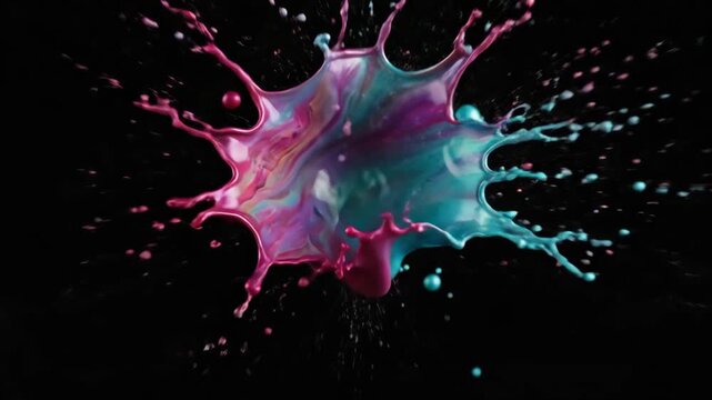 Colorful liquid paint droplets collide in mid-air, creating a vibrant splash of pink and blue hues against a dark background, showcasing dynamic fluid motion and texture