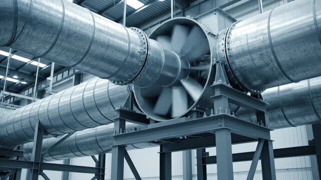 Industrial ventilation system with large fan and metal ducts in a factory setting