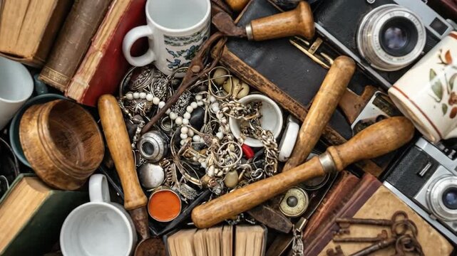 Vintage collection of assorted antiques including cameras, books, jewelry, and wooden bowls arranged on a wooden surface with a rich texture and depth of field