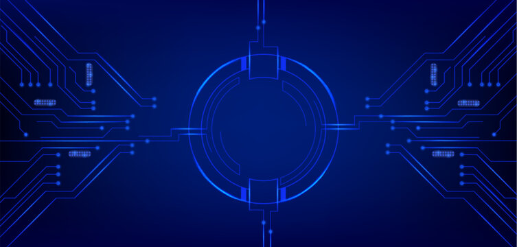 Hi tech circuit board frame with glowing blue lines and futuristic digital patterns, vector realistic illustration. High tech abstract electronic backdrop with round border and neon light