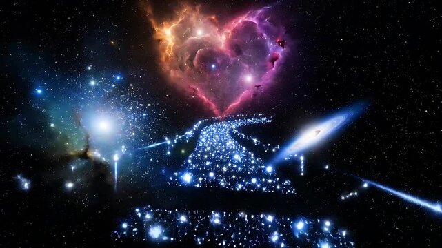 Fantastical cosmic pathway illuminated by brilliant blue stars leads directly toward a massive, glowing nebula shaped distinctly like a vibrant, warm heart in deep space.