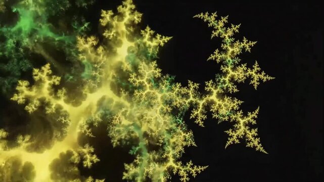Abstract fractal pattern with vibrant green and gold tones against a stark black background intricate design evoking nature growth complexity and futuristic technology concepts