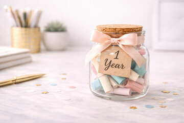 Anniversary jar memory jar paper roll pastel color one year love note celebration happy ribbon bow cork lid happy pastel anniversary jar filled with paper roll memory note to celebrate one year