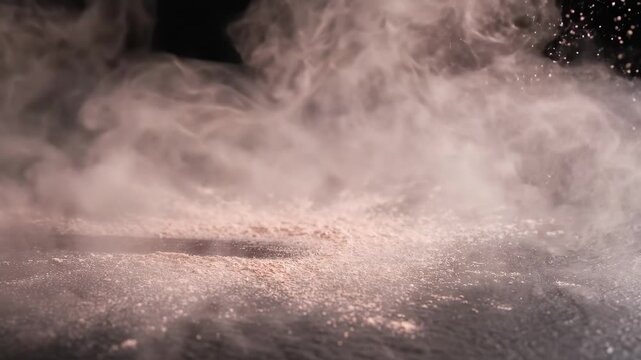Makeup brush lightly dusts loose powder onto a dark surface, creating a soft cloud of powder particles in a visually appealing beauty setting