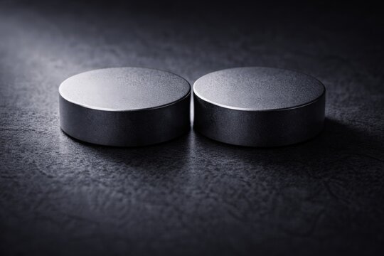 Close-up of two circular neodymium magnets placed side by side on a dark background, representing strength, magnetism, industrial materials, and modern technology.