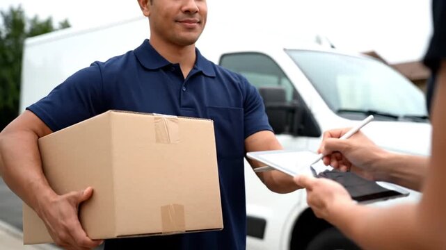 Friendly Delivery Courier Handing Over a Digital Tablet for Signature Confirmation to a Customer Outside a White Delivery Van.