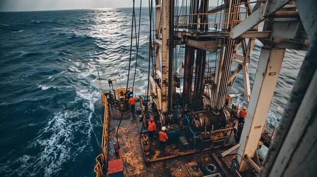Offshore Oil Rig Crew Performing Drilling Operations at Sea