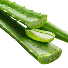 Freshly cut vibrant green aloe vera leaves, showcasing succulent texture and water droplets