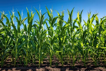 Obraz premium Vibrant Green Corn Stalks in a Large Field Under a Clear Blue Sky