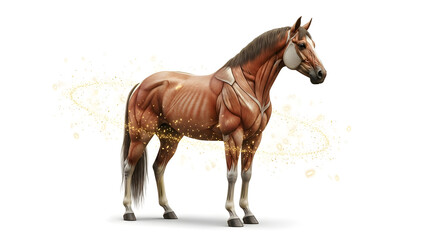 Obraz premium Realistic brown horse with swirling golden particle trail in clean studio background elegant zodiac equine illustration