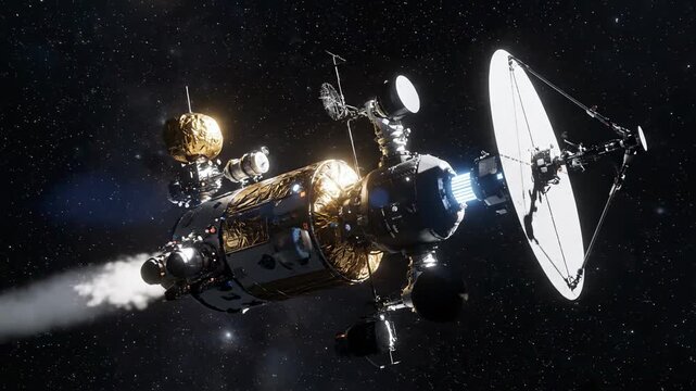 Futuristic deep space exploration vessel with advanced propulsion system and communication array