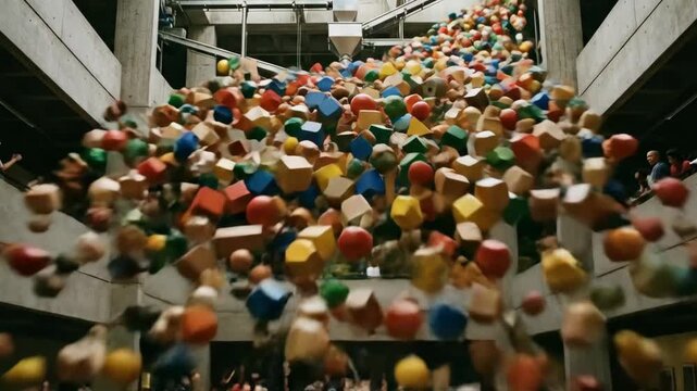 Colorful balls cascading from a height in a modern concrete building, with spectators observing from multiple levels in a dynamic indoor setting