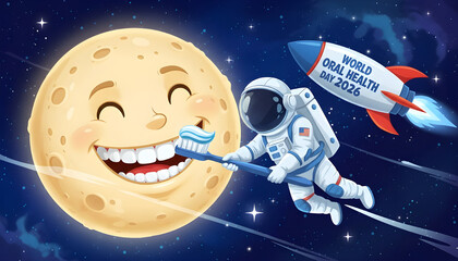 Fototapeta premium Astronaut Brushing Giant Moon Teeth in Space Cartoon Illustration World Oral Health Day