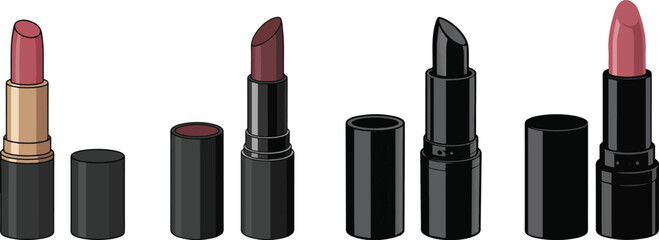 Open lipstick and cap, black solid cosmetic beauty product, vector illustration