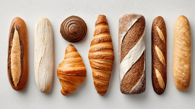 An assortment of bread including baguette, rye loaf, and croissant arranged on a surface, emphasizing baked goods, variety, and culinary presentation.