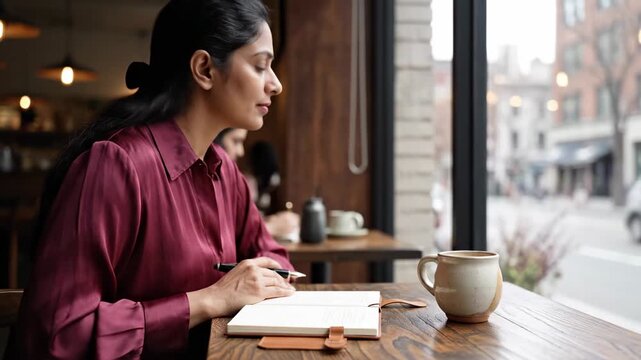 Thoughtful woman in a cafe looking out the window with a notebook and pen