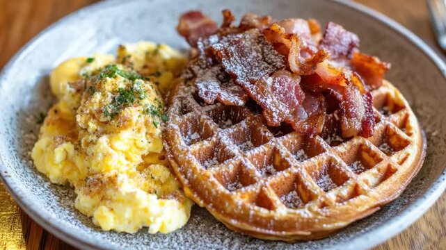 A plate featuring a waffle topped with bacon and powdered sugar, next to scrambled eggs
