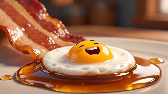 Surreal Fried Egg Sliding Down Crispy Bacon Strip onto Plate