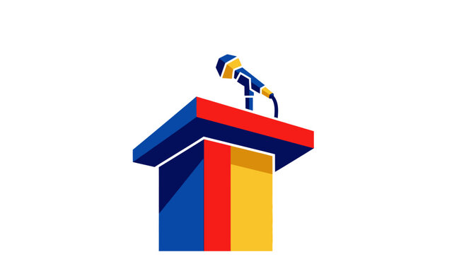 Modern geometric podium with microphone vector icon. Public speaking, debate, and news concept illustration.