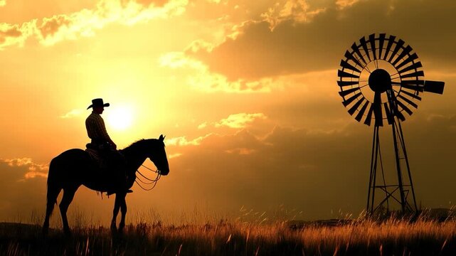A silhouetted cowboy on horseback with a windmill under a dramatic sunset sky