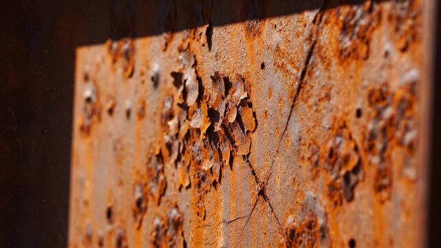 Close-up texture of weathered, peeling, and corroded rusty metal surface with deep orange hues