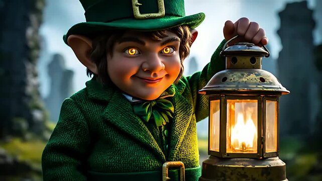 Charming leprechaun character dressed in vivid green attire holds an antique glowing lantern with an impish smile and bright, mystical eyes.
