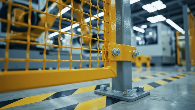 Industrial safety barrier with yellow mesh and bolted metal post in a factory setting