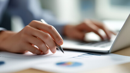 Fototapeta premium Person checking financial data on a report with a pen while working on a laptop, analyzing business statistics and planning investment strategy, copy space