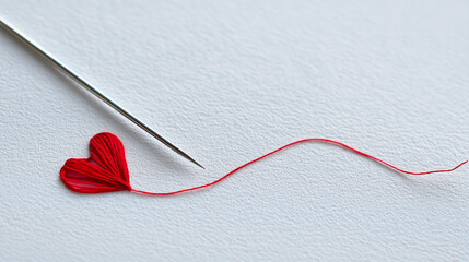 Crafting love and connection, a delicate red embroidered heart form stitching on white fabric, symbolizing romance, care, and handmade affection with a needle, copy space