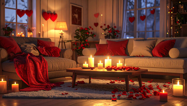 Romantic valentines day setting with candles flowers and soft lights in a cozy room 458