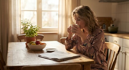 Calm woman in pajamas drinking coffee at a rustic kitchen table by sunny window for peaceful morning routine concept and slow living.
