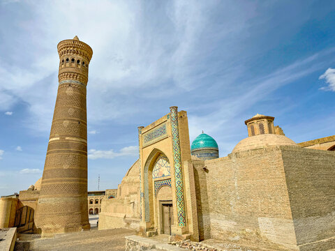 Bukhara, Uzbekistan Aerial view of Kalan Minaret Emir and Alim Khan madrasah of Po-i-Kalan - islamic religious complex