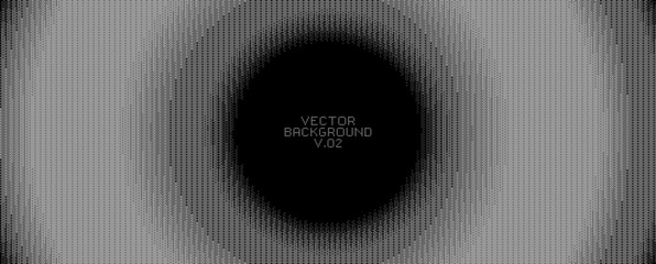 Halftone bitmap wave circle illusion. Blue pixel gradient on black. Vintage vector wallpaper