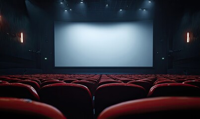 Fototapeta premium Empty theater with red seats faces a blank white screen under dim lights