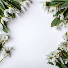Fototapeta premium Delicate white snowdrop flowers and green leaves frame a blank white space