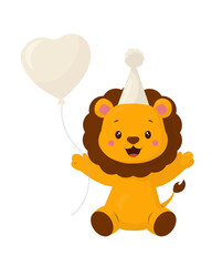 Fototapeta premium Baby lion in a party hat holding a white heart balloon. Soft pastel flat vector cartoon. Cute safari animal character for kids birthday invites, greeting cards, posters, stickers, decor web.