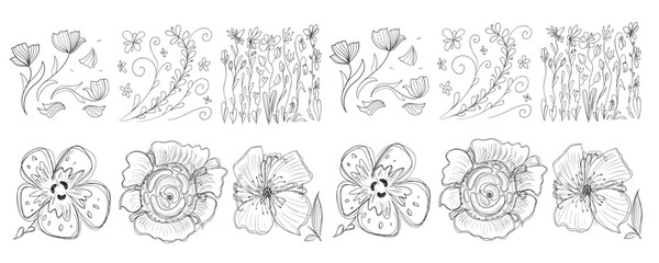 Line doodle flower seamless pattern