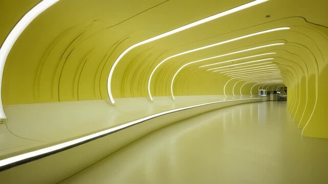 A curving, neon-lit corridor with a pale yellow aesthetic, featuring recessed lighting