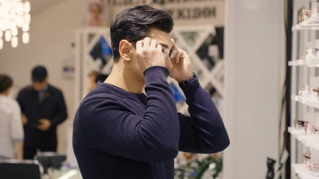 Man choosing new eyewear frames in a modern optics