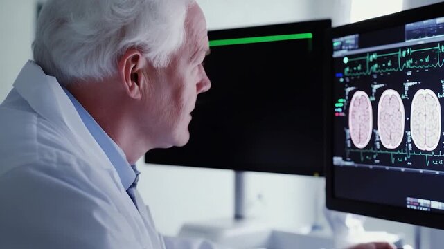 A doctor looks at brain scans on a monitor in a clinical setting, displaying medical data