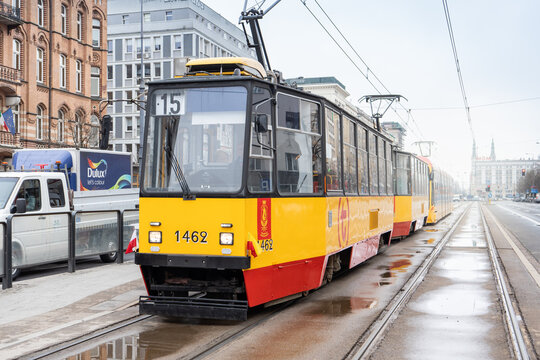 Konstal 105Nm type tram wagon, in service for Warsaw Trams Tramwaje Warszawskie company. ZTM Warszawa Public Transport Authority old tramway on March 24, 2025 in Krakow, Poland.