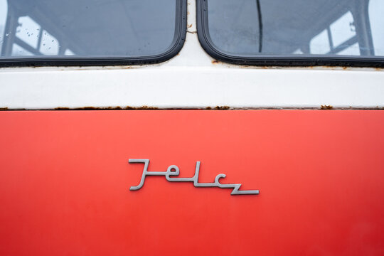Jelcz vintage bus logo sign. Old classic Og&oacute;rek or Cucumber Polish autobus, used as sightseeing Retro Bus Tour of the city. Old Jelcz 043 emblem badge on March 24, 2025 in Krakow, Poland.