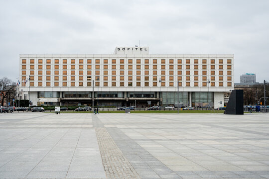 The Sofitel Warsaw Victoria hotel building. A landmark luxury hotel known for its brutalist architecture, French elegance, and views of Pilsudski Square on March 24, 2025 in Warsaw, Poland.