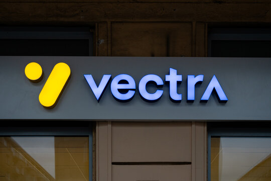 Vectra logo sign. Polish telecommunications company providing cable television, internet access, digital services to residential and business customers on March 24, 2025 in Warsaw, Poland.
