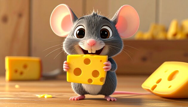 Happy Cartoon Mouse Holding Cheese Block.