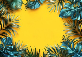 Tropical green leaves arranged in a frame on a bright yellow background for a summer or vacation themed design or template