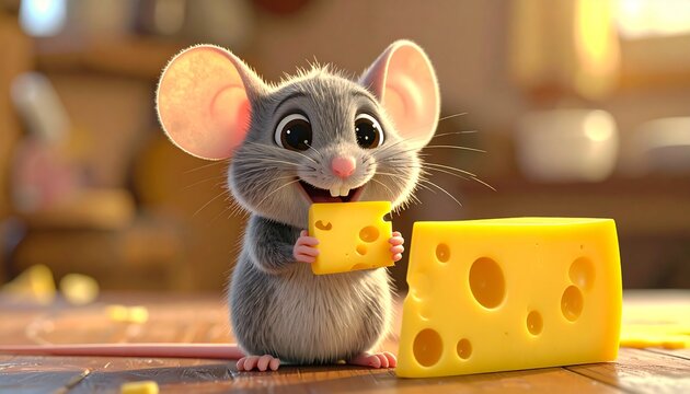 Happy Mouse Enjoying Cheese in Kitchen.