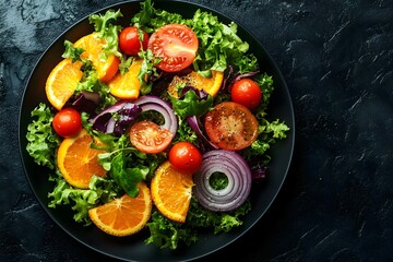 A vibrant salad with mixed greens oranges tomatoes and onions served on a black plate against a dark background