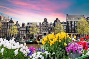 Facades of old historic Houses and trees over canal water, Amsterdam, Netherlands. High quality photo