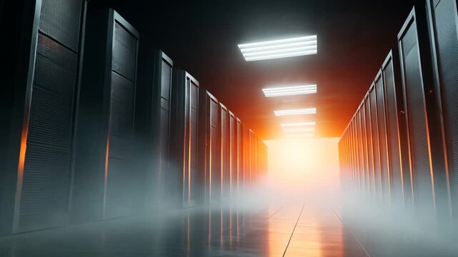 Rows of server cabinets in a dark data center with fog and orange light